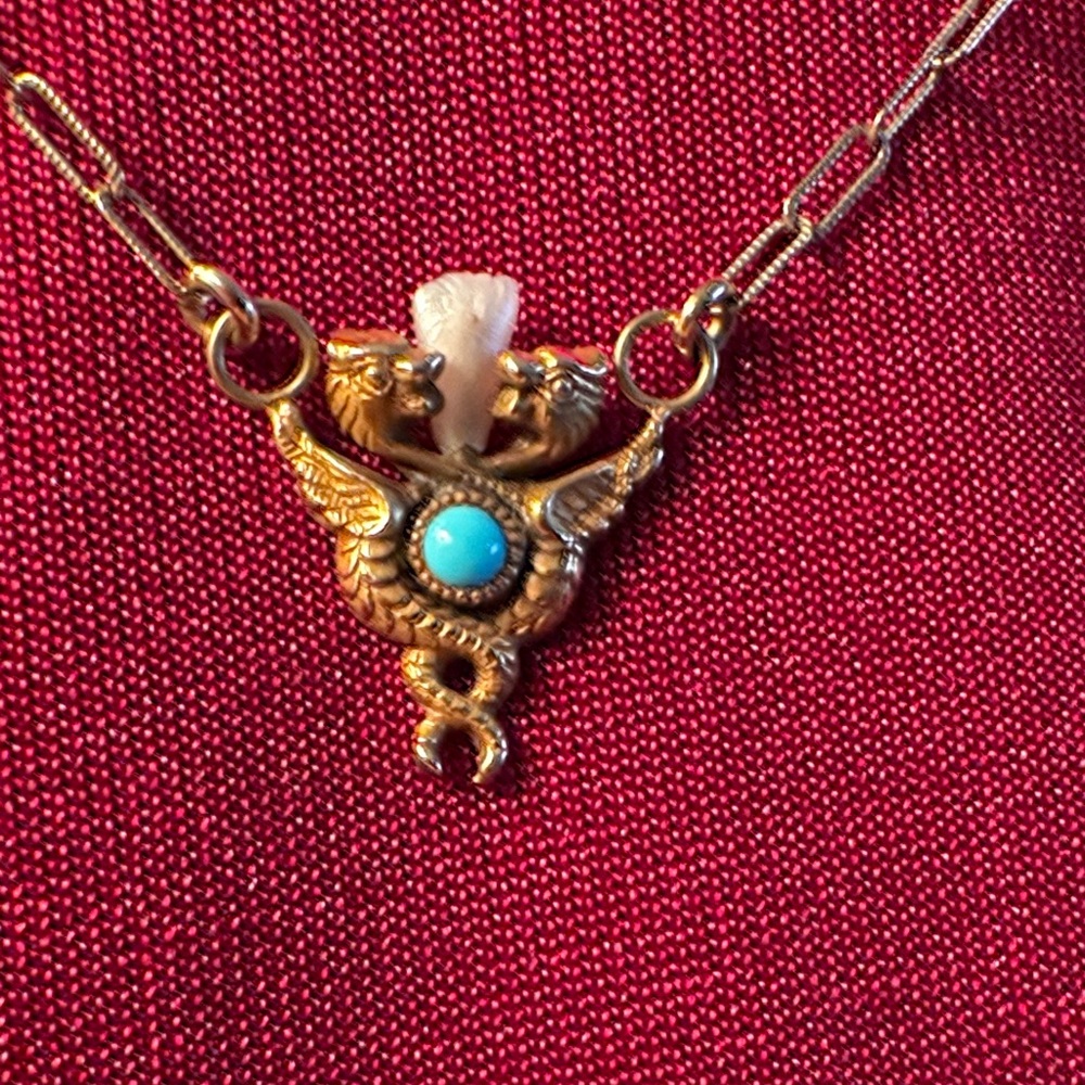Antique Caduceus Necklace Turquoise Pearl Gold